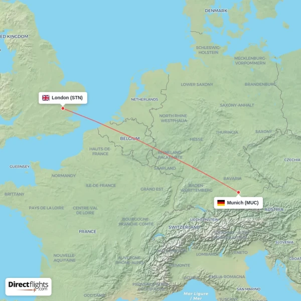 Munich - London direct flight map