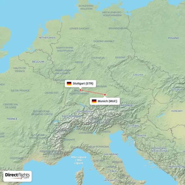 Munich - Stuttgart direct flight map