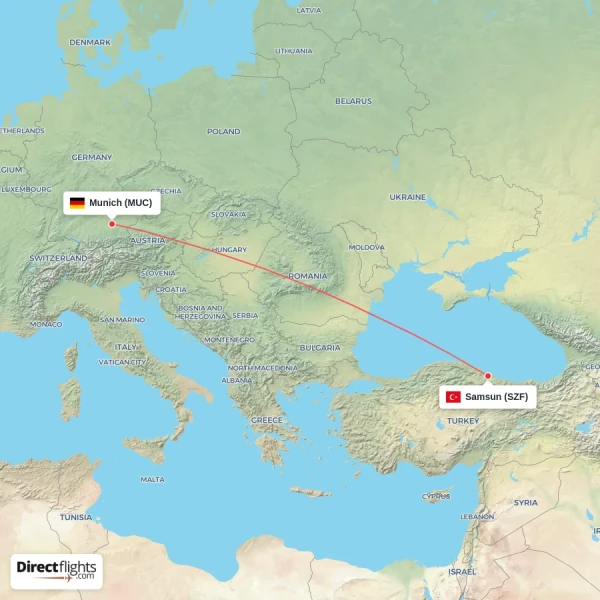 Munich - Samsun direct flight map