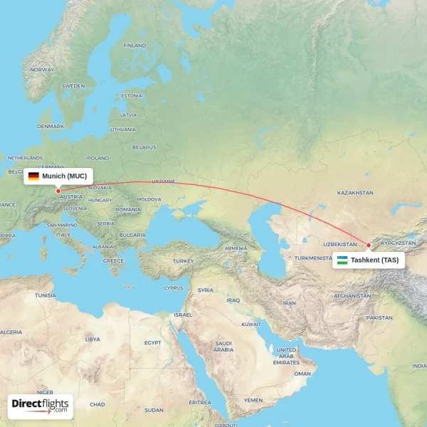 Munich - Tashkent direct flight map