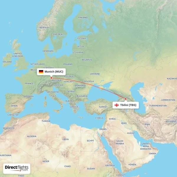Munich - Tbilisi direct flight map