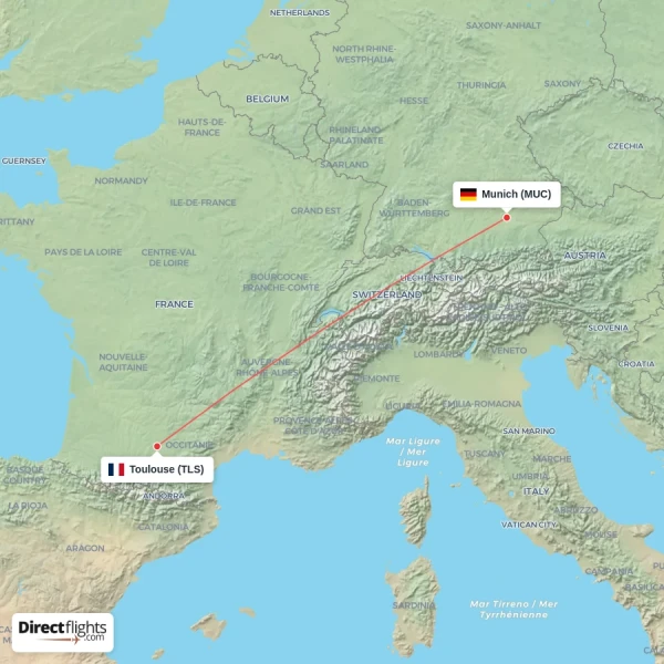 Munich - Toulouse direct flight map