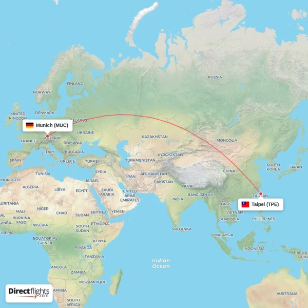 Munich - Taipei direct flight map
