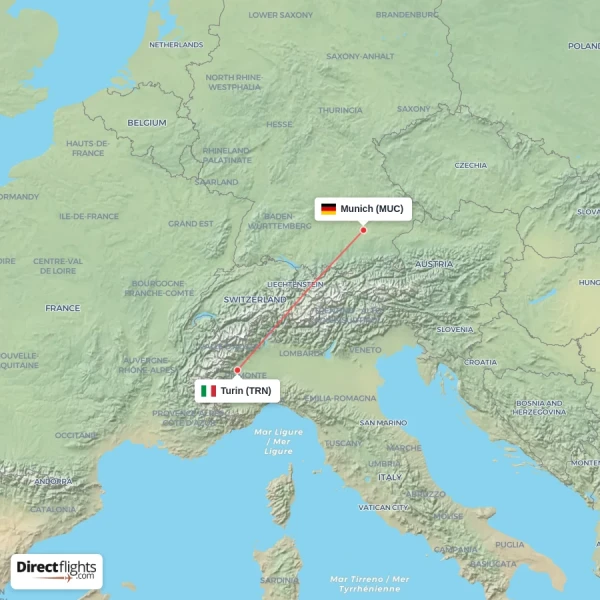 Munich - Turin direct flight map