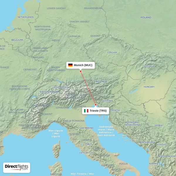 Munich - Trieste direct flight map