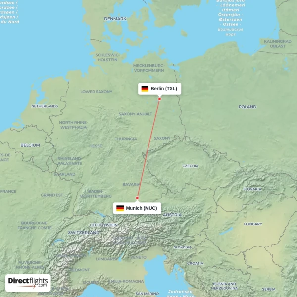 Munich - Berlin direct flight map
