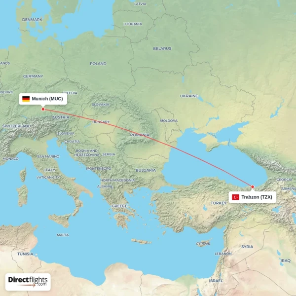 Munich - Trabzon direct flight map