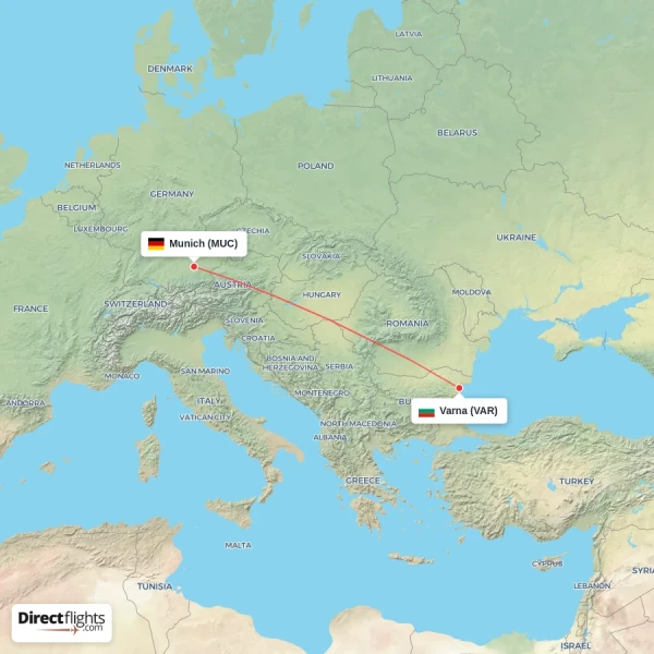 Munich - Varna direct flight map