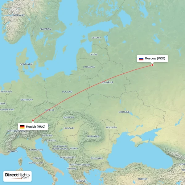 Munich - Moscow direct flight map