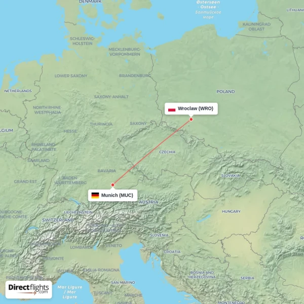 Munich - Wroclaw direct flight map