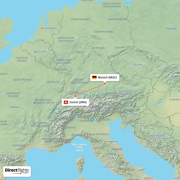 Munich - Zurich direct flight map
