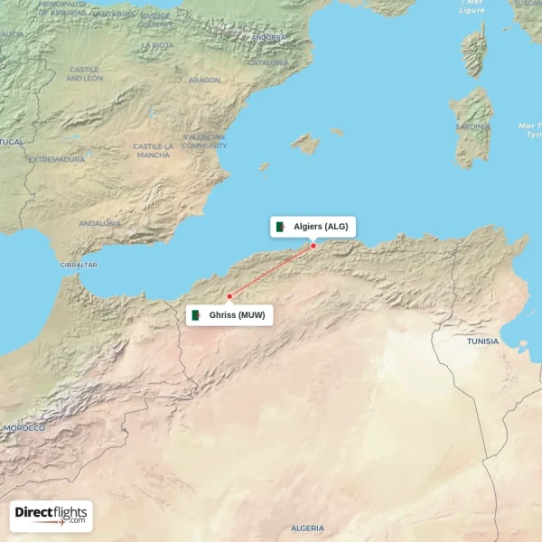 Ghriss - Algiers direct flight map