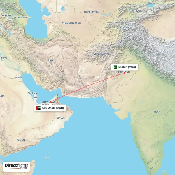 Multan - Abu Dhabi direct flight map