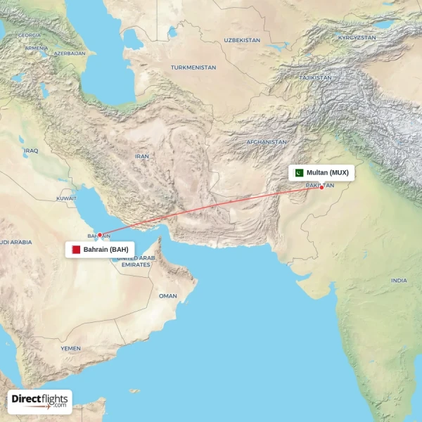 Multan - Bahrain direct flight map