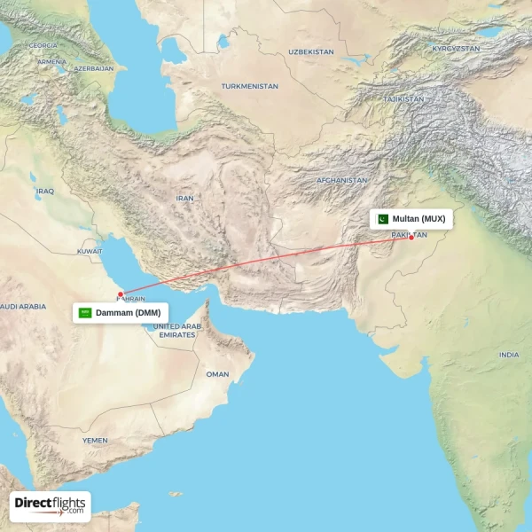 Multan - Dammam direct flight map