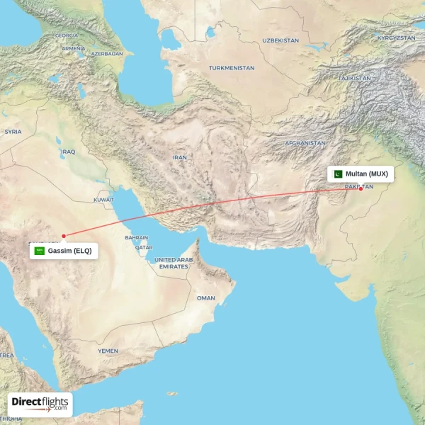 Multan - Gassim direct flight map