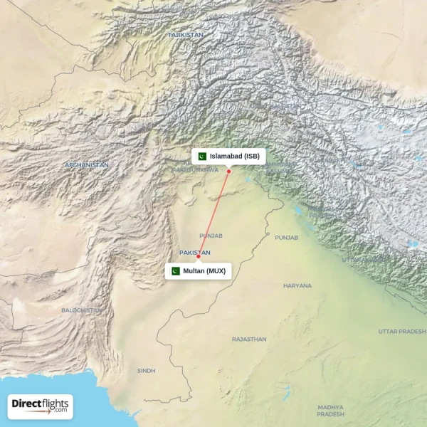 Multan - Islamabad direct flight map