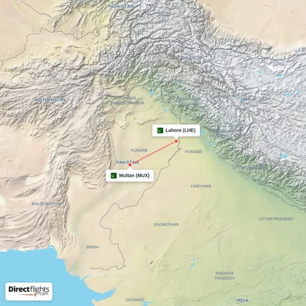 Multan - Lahore direct flight map