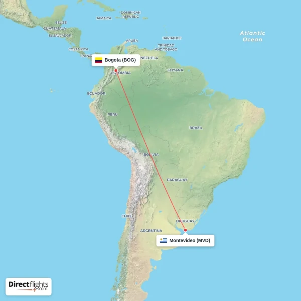 Montevideo - Bogota direct flight map