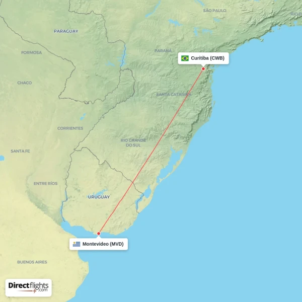 Montevideo - Curitiba direct flight map
