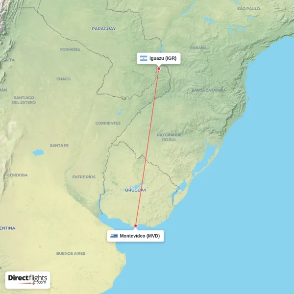 Montevideo - Iguazu direct flight map
