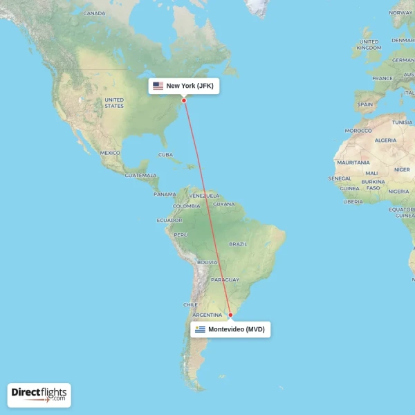 Montevideo - New York direct flight map