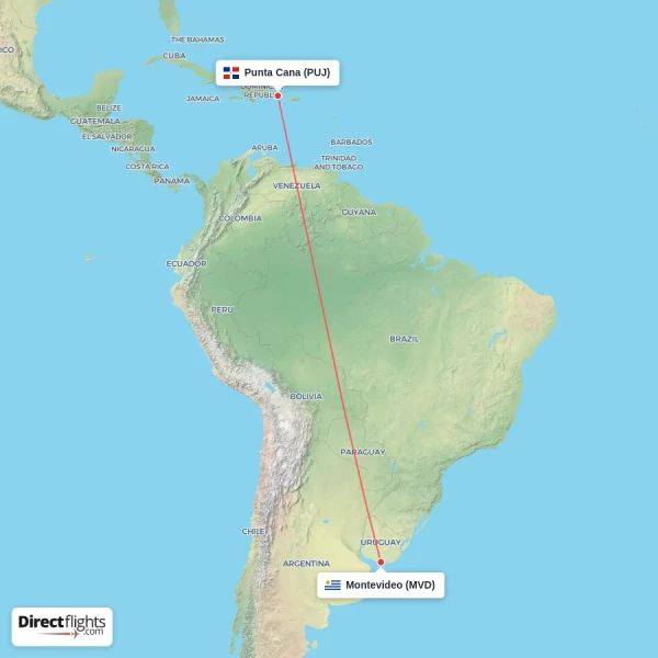 Montevideo - Punta Cana direct flight map