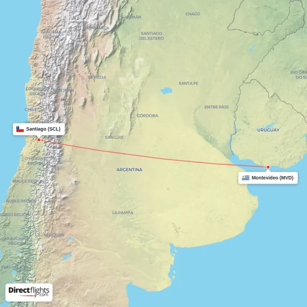 Montevideo - Santiago direct flight map