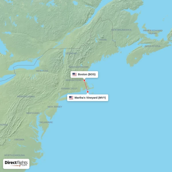 Martha's Vineyard - Boston direct flight map