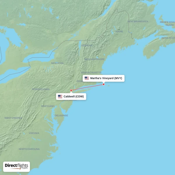 Martha's Vineyard - Caldwell direct flight map