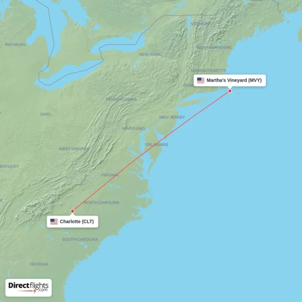Martha's Vineyard - Charlotte direct flight map