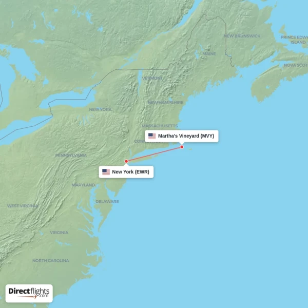 Martha's Vineyard - New York direct flight map