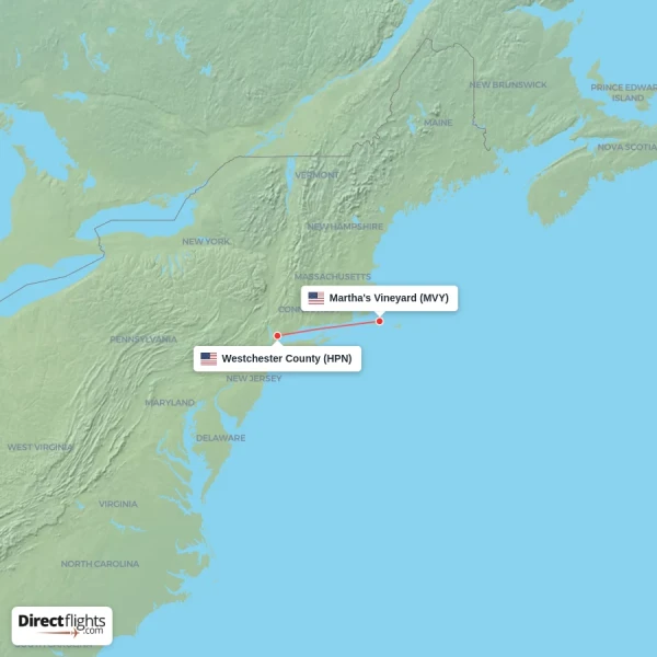 Martha's Vineyard - Westchester County direct flight map