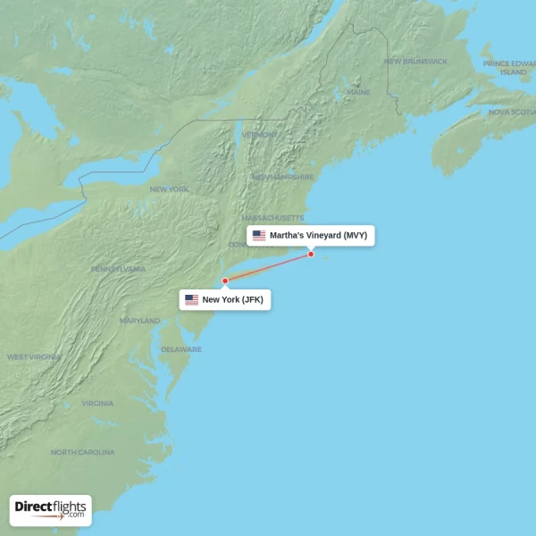 Martha's Vineyard - New York direct flight map