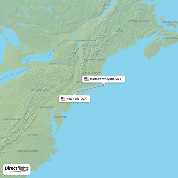 Martha's Vineyard - New York direct flight map