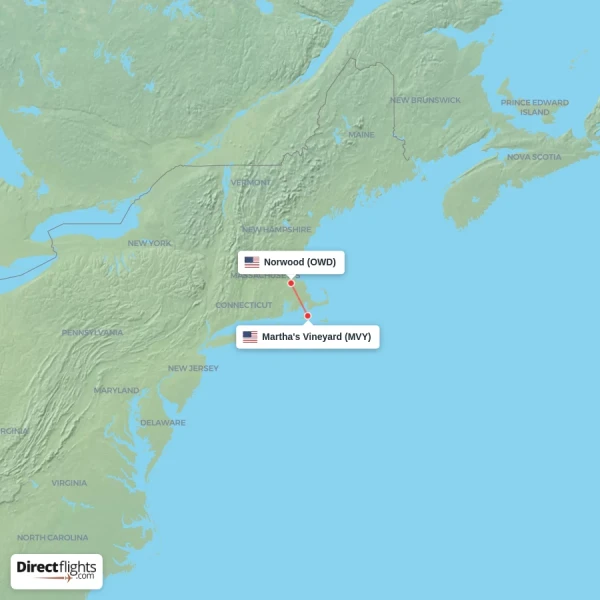 Martha's Vineyard - Norwood direct flight map
