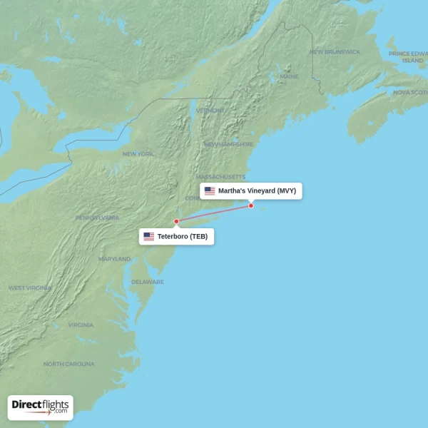 Martha's Vineyard - Teterboro direct flight map