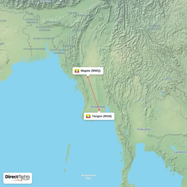 Magwe - Yangon direct flight map
