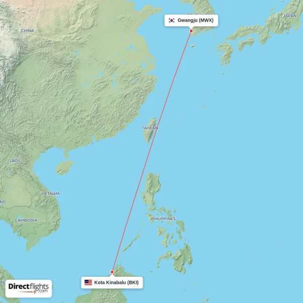 Gwangju - Kota Kinabalu direct flight map