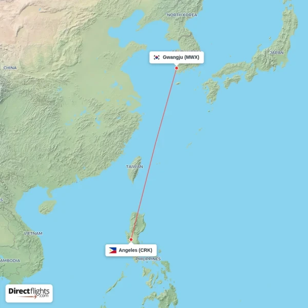 Gwangju - Angeles direct flight map