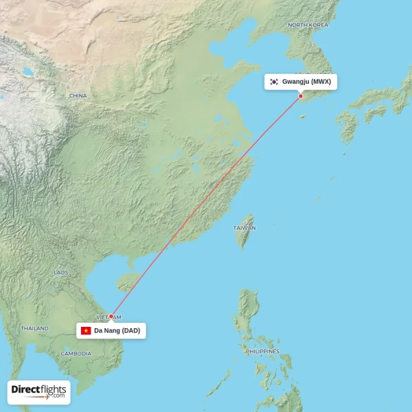 Gwangju - Da Nang direct flight map