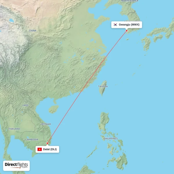 Gwangju - Dalat direct flight map