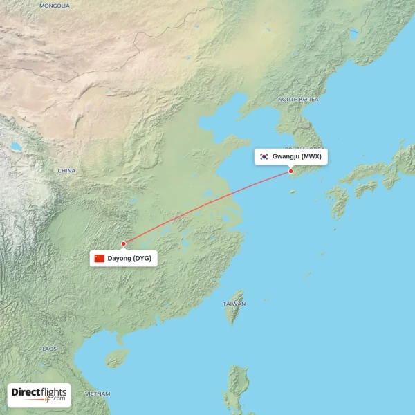 Gwangju - Dayong direct flight map