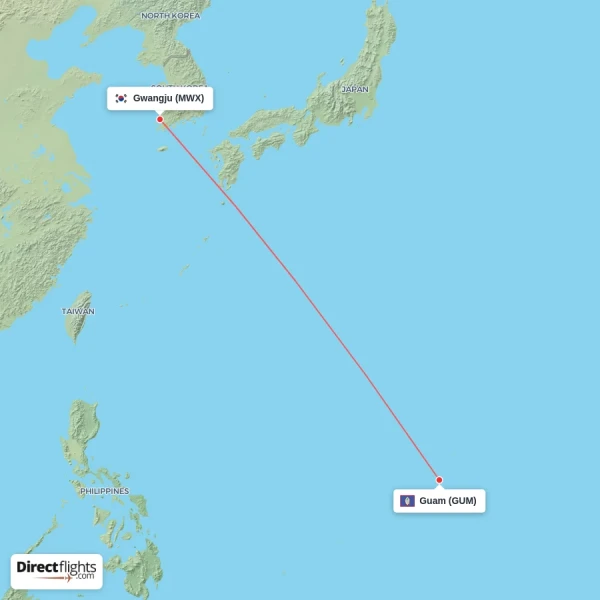 Gwangju - Guam direct flight map