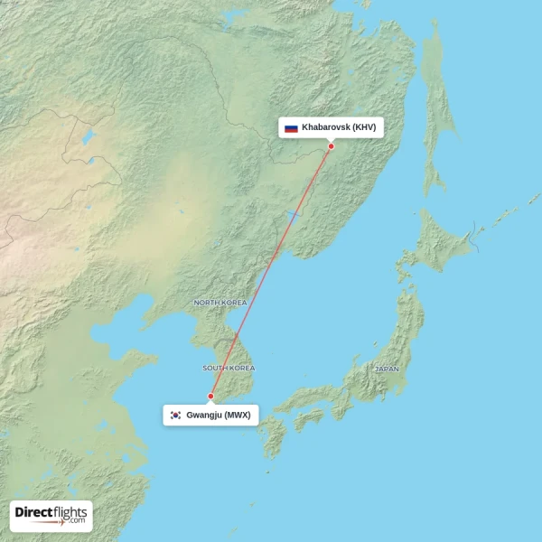 Gwangju - Khabarovsk direct flight map