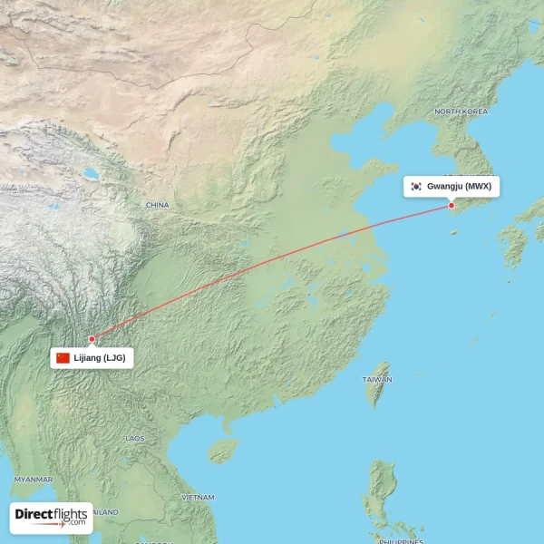 Gwangju - Lijiang direct flight map
