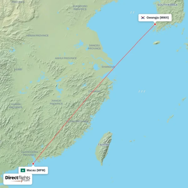 Gwangju - Macau direct flight map