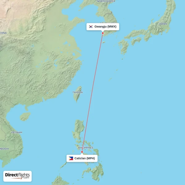 Gwangju - Caticlan direct flight map