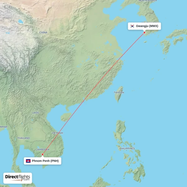 Gwangju - Phnom Penh direct flight map