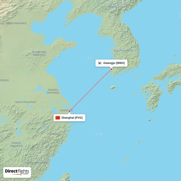Gwangju - Shanghai direct flight map